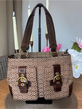 Vintage coach Dark Brown and Khaki Monogram Soho Canvas suede Satchel Bag 3646